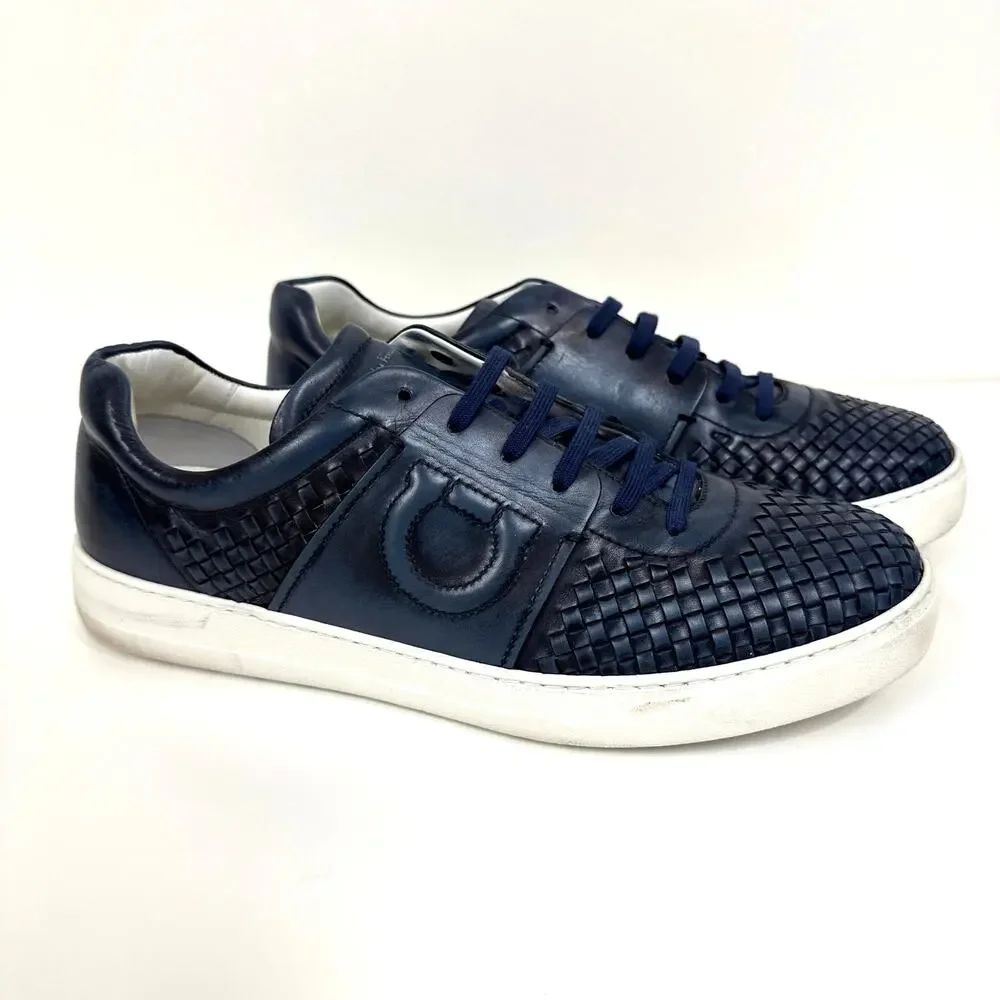 Salvatore Ferragamo Gancio Navy Blue Woven Low Top Sneaker 11 White Sole Shoes